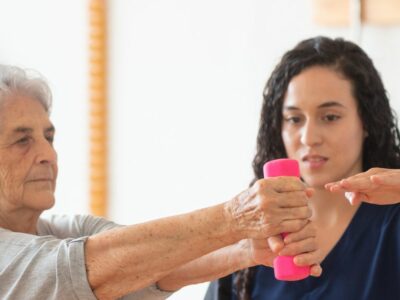 A girl helping an elderly woman lift a weight.